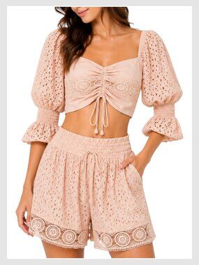 Surf Gypsy Eyelet Crochet Crop Top Shorts Set Blush S